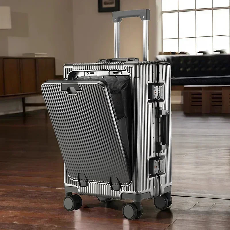 Front Opening Aluminum Frame Rolling Luggage – Large Capacity ABS+PC Trolley Suitcase with USB Charging