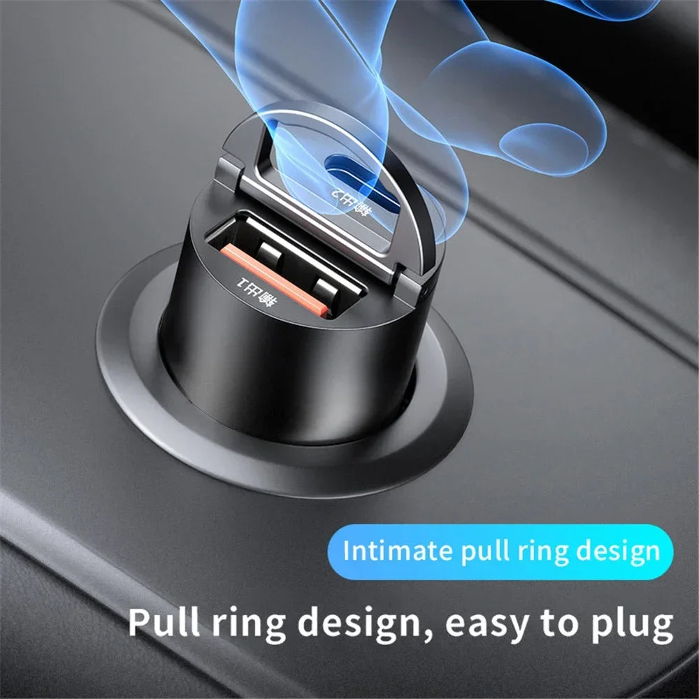 Mini 100W PD QC Fast Charging Car Charger – USB-C Pull Ring Adapter for iPhone, Samsung, Xiaomi & Huawei