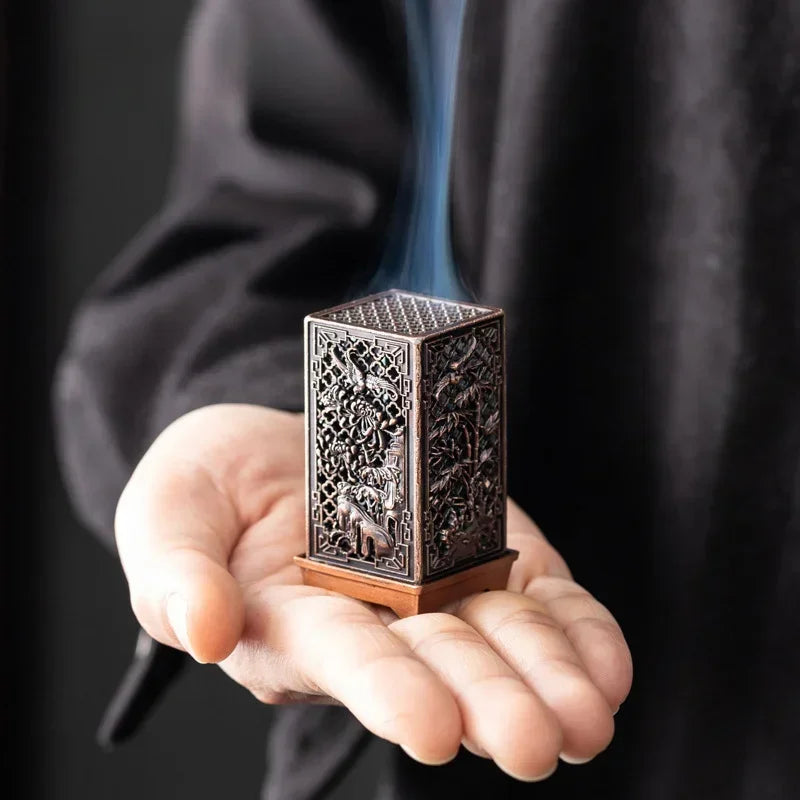 Square Xiangyun Alloy Incense Burner – Chinese Plum Vertical Aromatherapy Holder for Home Décor