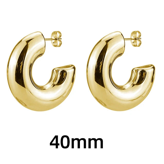 Classic Gold-Plated Chunky Hoop Earrings – Smooth Round C-Shape Stainless Steel Fashion Jewelry for Women