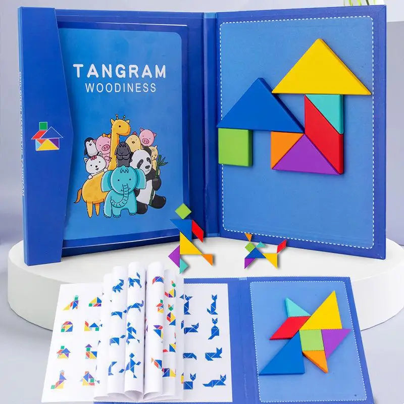 Magnetic Wooden Tangram Puzzle Book – Montessori Educational Toy for Kids