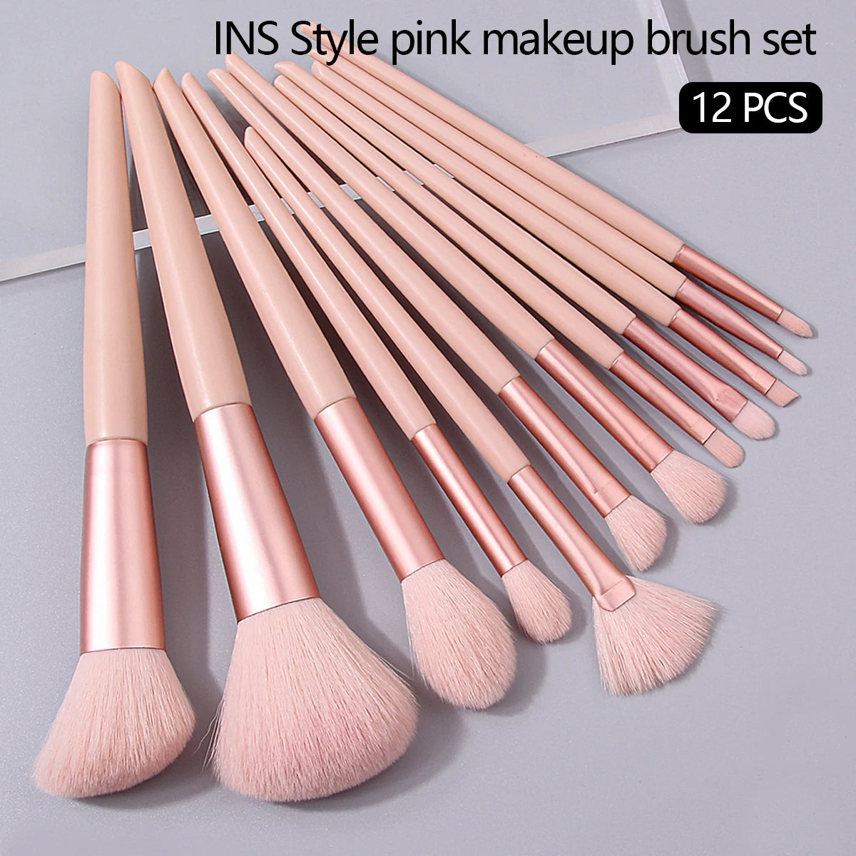 12PCS Pink Makeup Brush Set – Complete Cosmetic Brushes for Face & Eyes