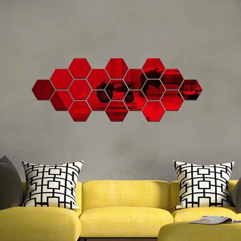 6/12pcs 3D Hexagon Mirror Wall Stickers – Rose Gold DIY Home & TV Background Decor