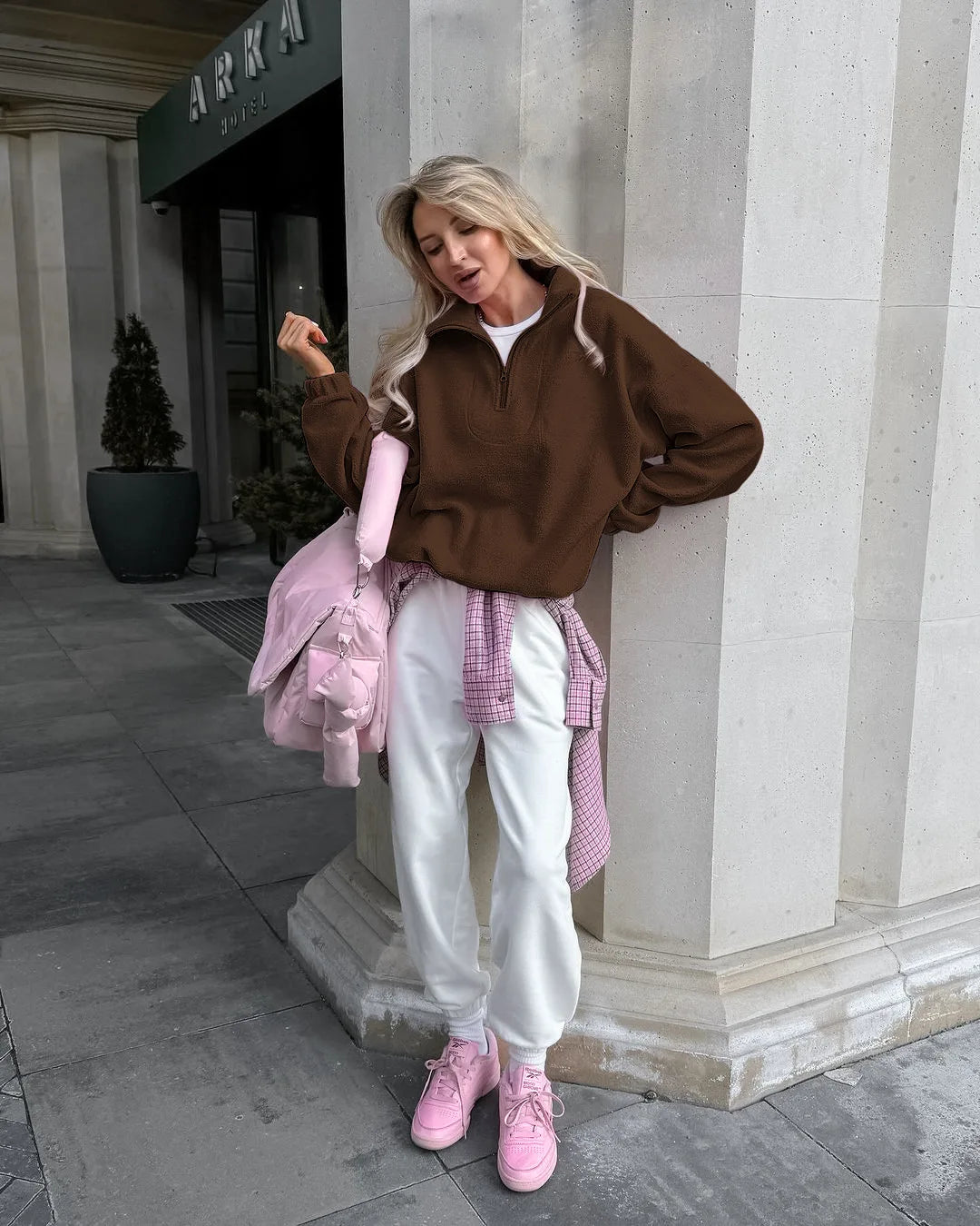 Pink Lamb Fleece Hoodie – Women’s Casual Thick Zipper Pullover Streetwear