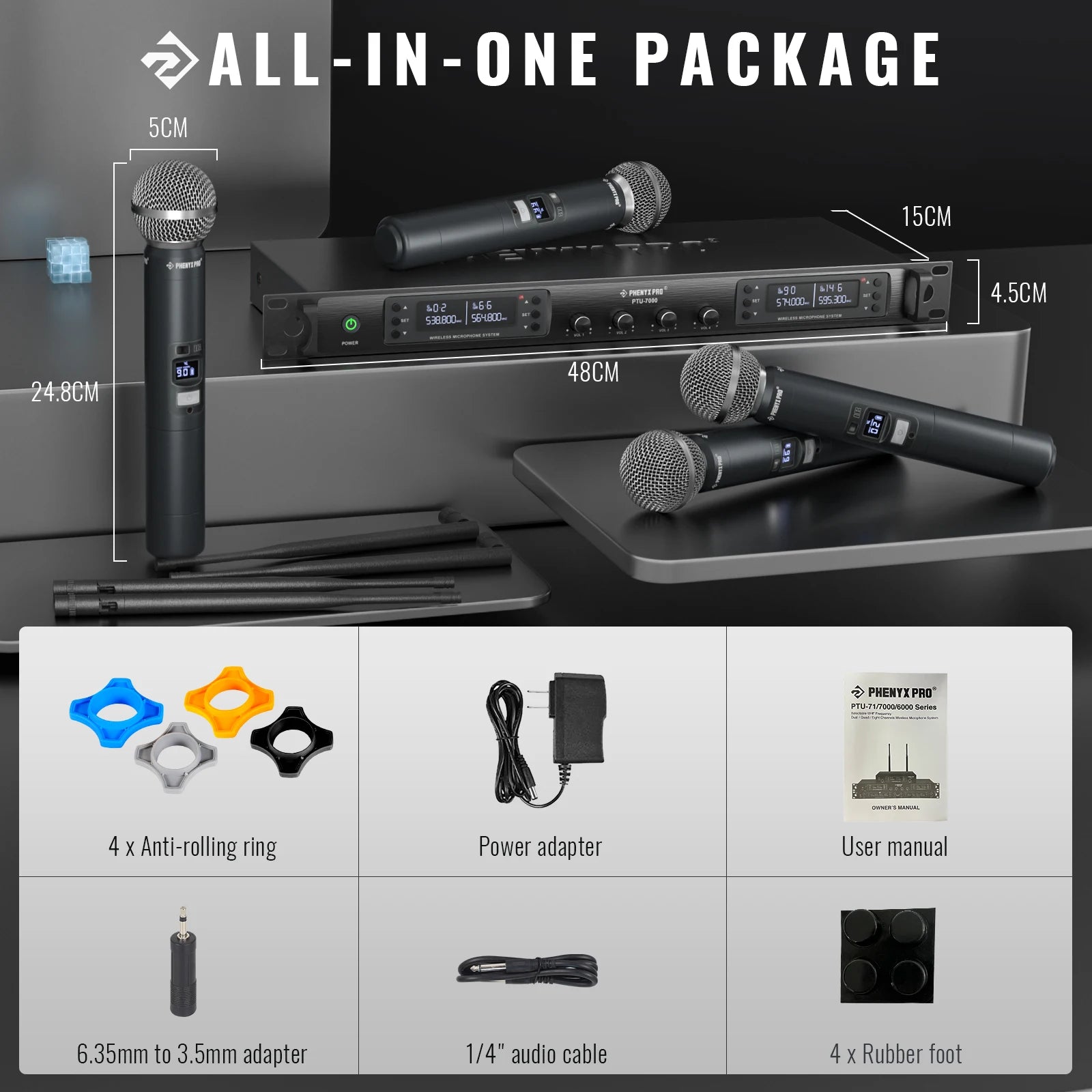Phenyx Pro UHF Wireless Microphone System PTU-7000 with 4x40Channels Handheld Mics Auto Scan Selectable Frequency For Church