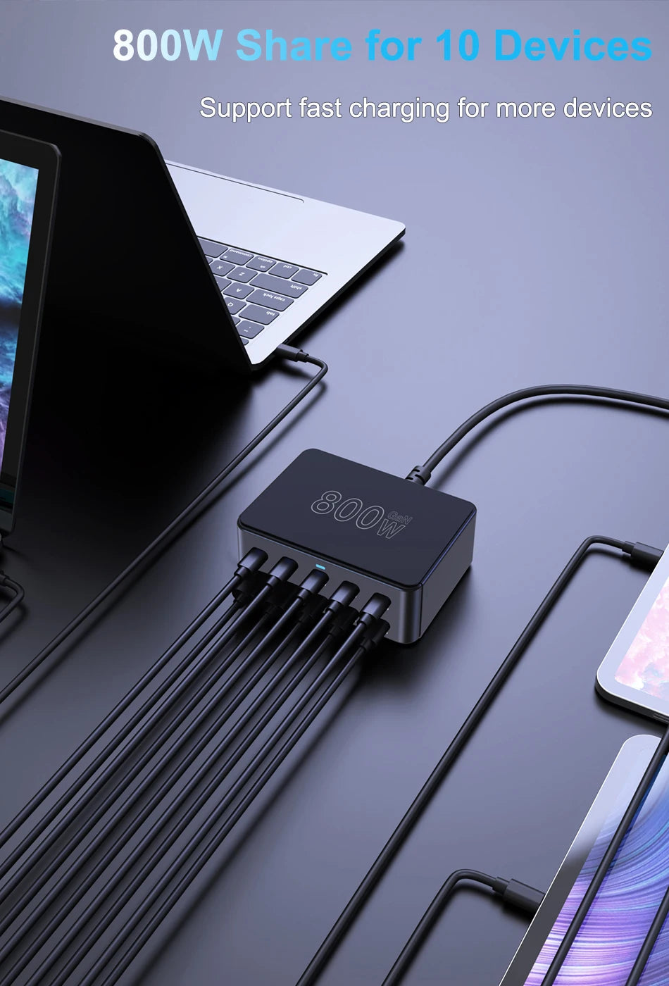 800W GaN USB-C Charger – 100W PD3.0 PPS QC3.0 Multiport Fast Charging Station for iPhone 15/16, Samsung, MacBook & Laptops