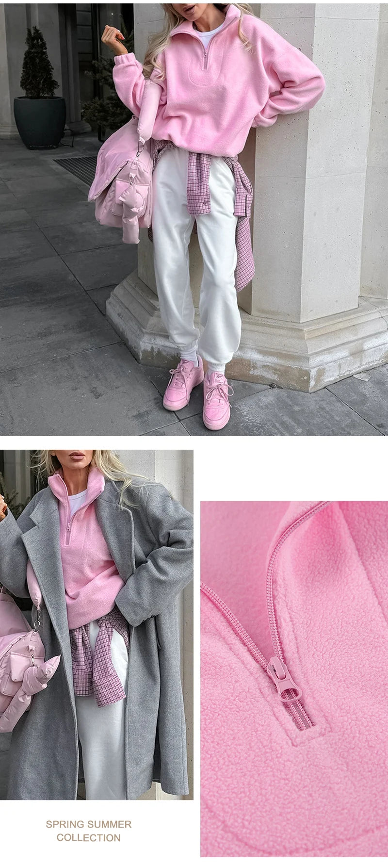 Pink Lamb Fleece Hoodie – Women’s Casual Thick Zipper Pullover Streetwear