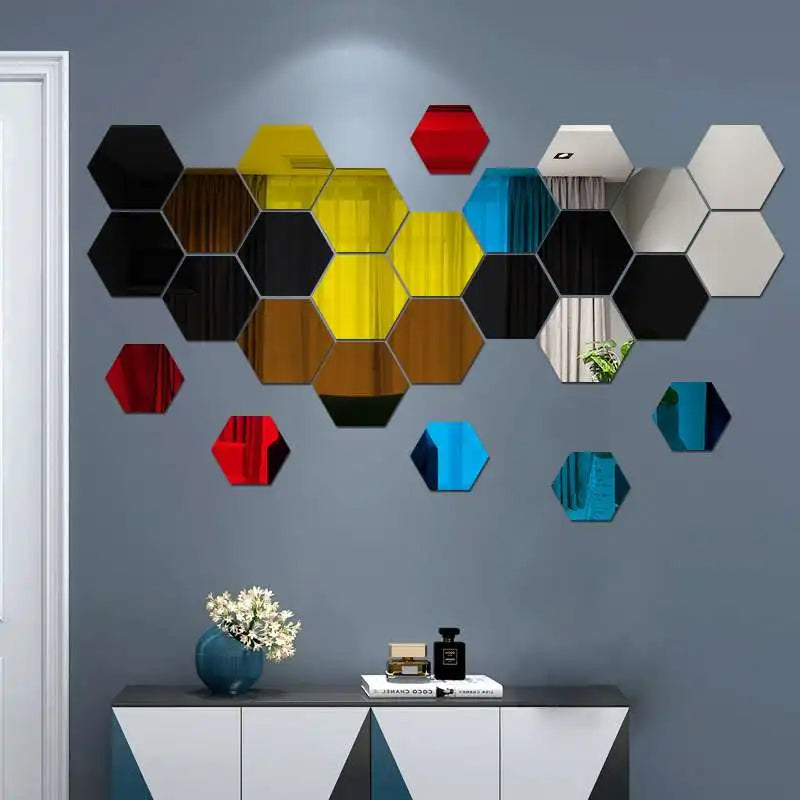 6/12pcs 3D Hexagon Mirror Wall Stickers – Rose Gold DIY Home & TV Background Decor
