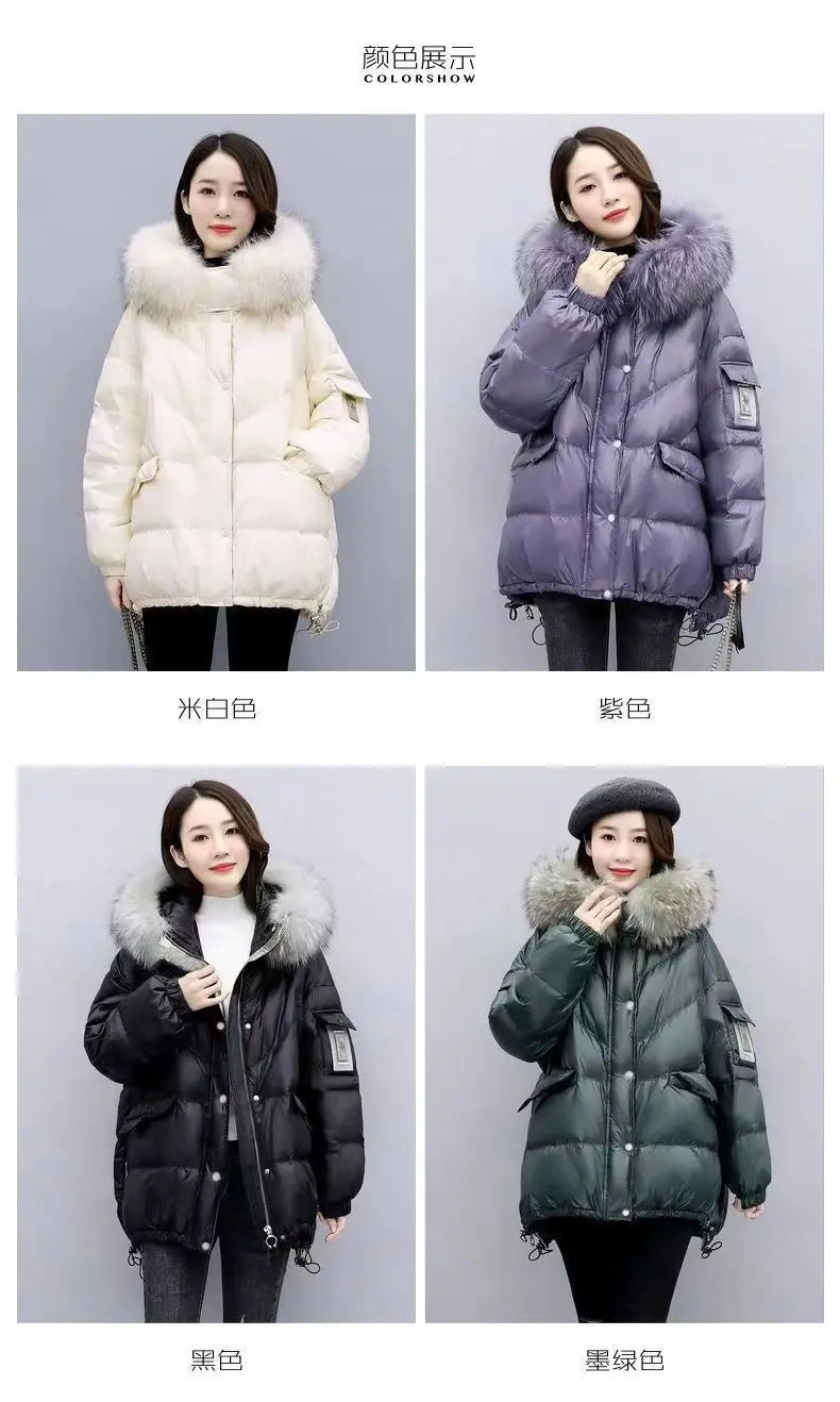 2025 Women’s Winter Down Cotton Jacket – Hooded Puffer Coat with Fur Collar