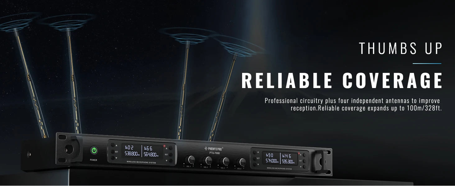 Phenyx Pro PTU-7000 4-Mic UHF Wireless System with Auto Scan & Frequency Selection