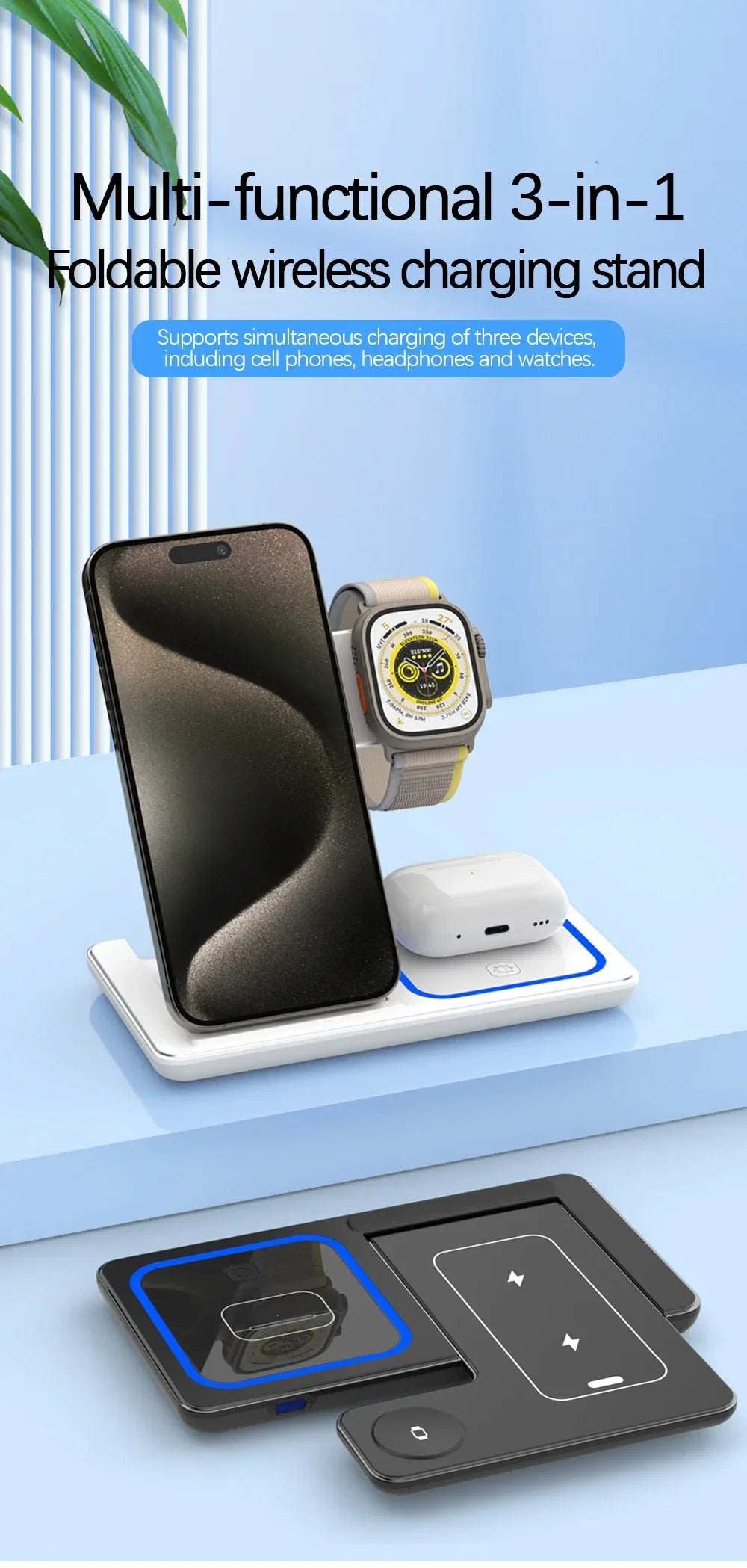 Foldable Wireless Charger Station for iPhone, Apple Watch & AirPods Fast Charging Dock