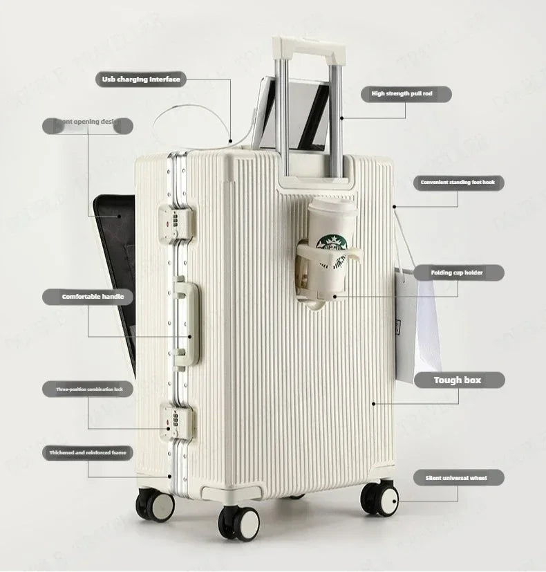 Front Opening Aluminum Frame Rolling Luggage – Large Capacity ABS+PC Trolley Suitcase with USB Charging
