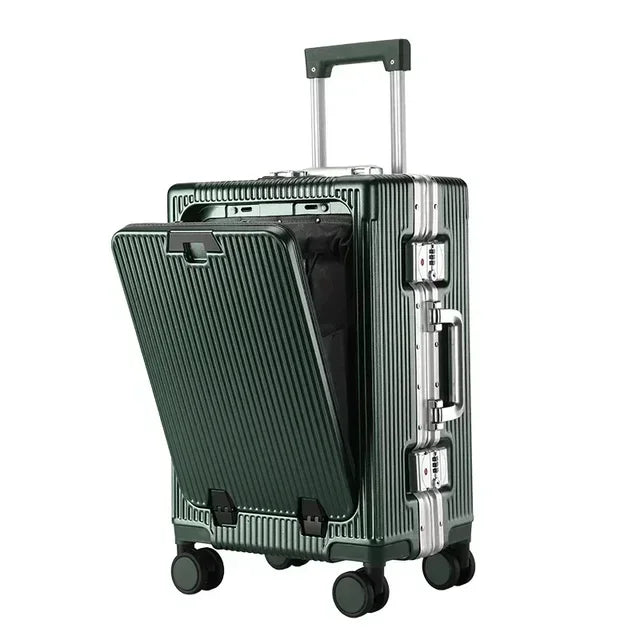 Front Opening Aluminum Frame Rolling Luggage – Large Capacity ABS+PC Trolley Suitcase with USB Charging