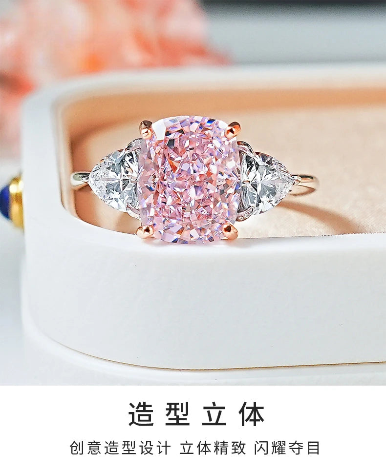 Luxury Pink Diamond Ice-Cut Ring – 925 Silver Radiant High Carbon Diamond Set