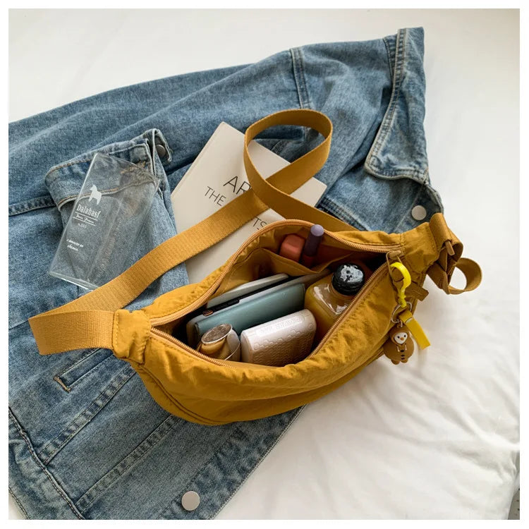 Solid Color Women’s Nylon Shoulder Bag – Portable Padded Crossbody Messenger Travel Handbag