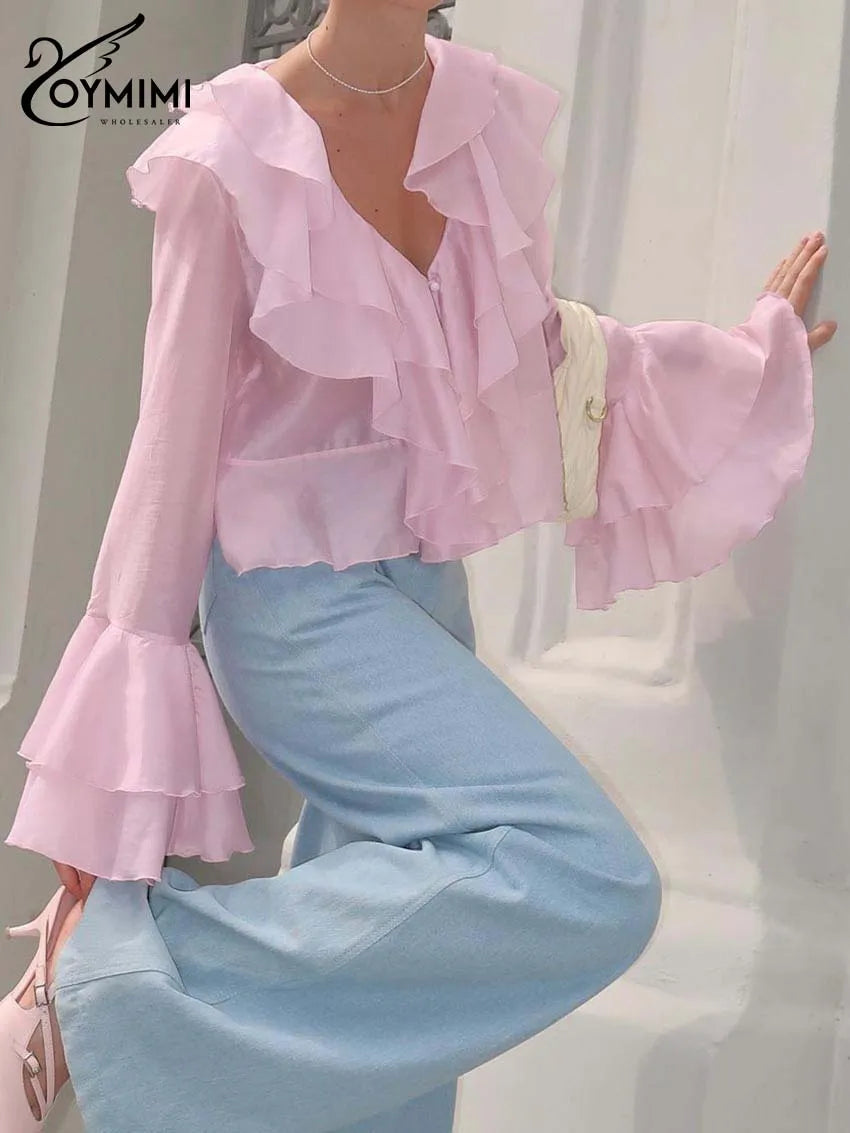 Elegant Pink Ruffled V-Neck Blouse – Petal Sleeve Women’s Fashion Shirt