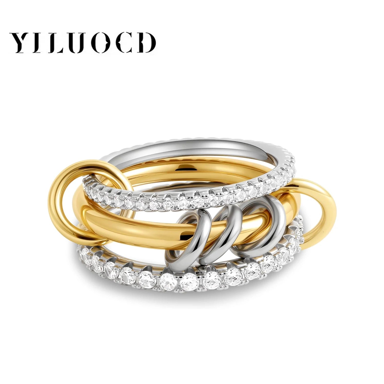 Stainless Steel Cubic Zirconia Stackable Ring – 18K Gold Plated Multi-Link Statement Jewelry for Women