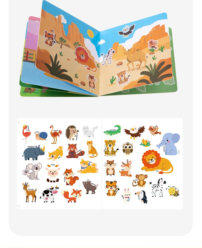 Reusable Magic Sticker Book – DIY Cartoon Animal Puzzle Learning Toy for Kids