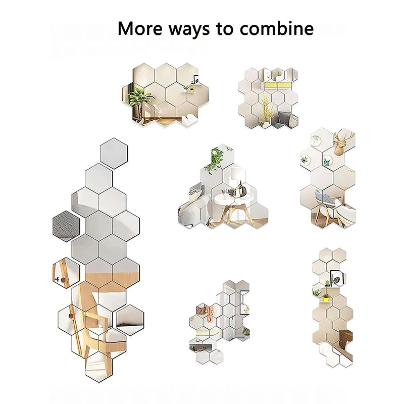 6/12pcs 3D Hexagon Mirror Wall Stickers – Rose Gold DIY Home & TV Background Decor