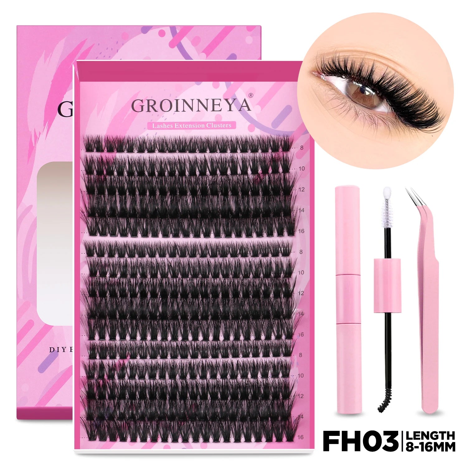 GROINNEYA DIY Lash Extension Kit – Individual Cluster Mix Lashes with Bond & Seal for At-Home Use