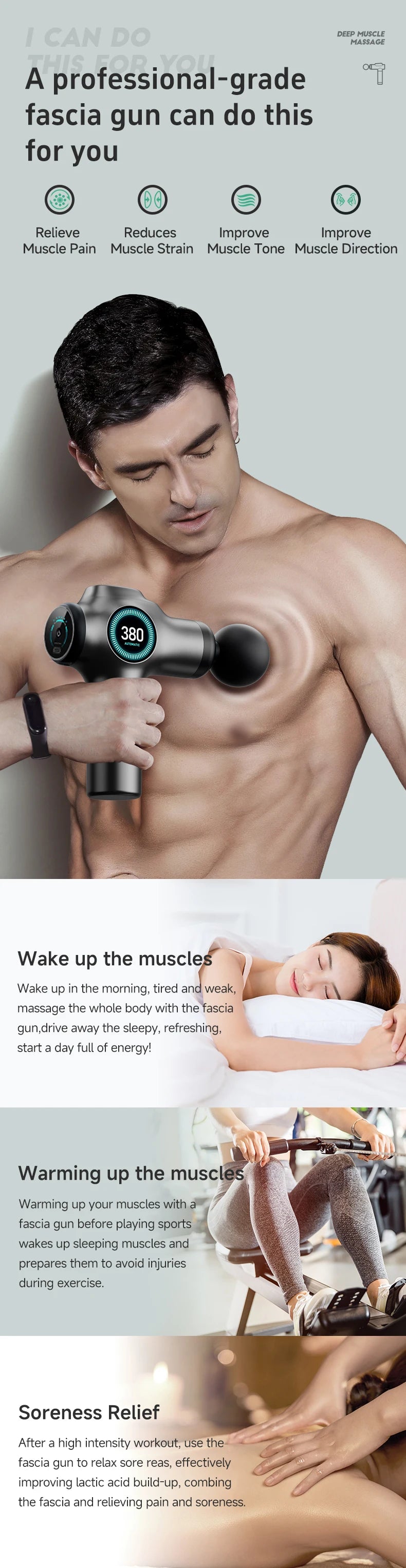 Massage Gun Deep Tissue Muscle Fascia Gun – Pain Relief Massager with 4 Heads & 6 Speeds