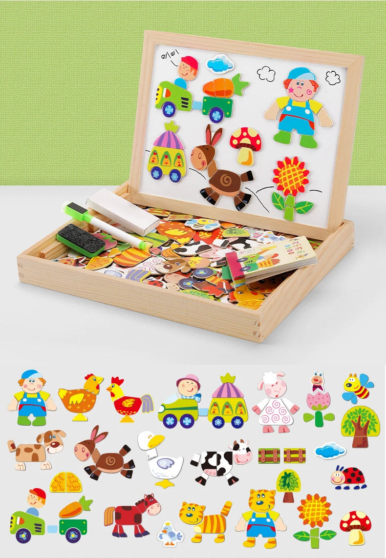100+Pcs Wooden Magnetic Animal Puzzle Board – Multifunction Learning Drawing Toy for Kids Education & Creativity