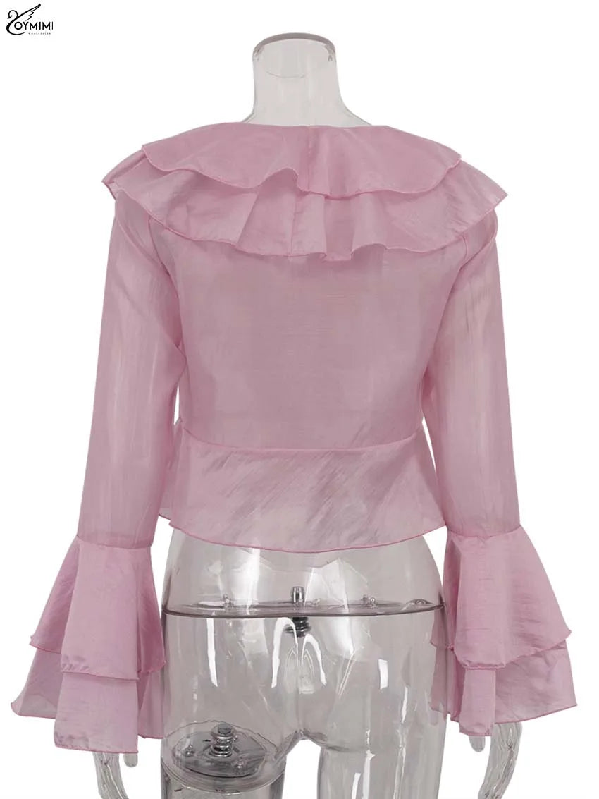 Elegant Pink Ruffled V-Neck Blouse – Petal Sleeve Women’s Fashion Shirt
