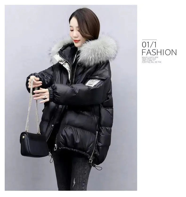 2025 Women’s Winter Down Cotton Jacket – Hooded Puffer Coat with Fur Collar