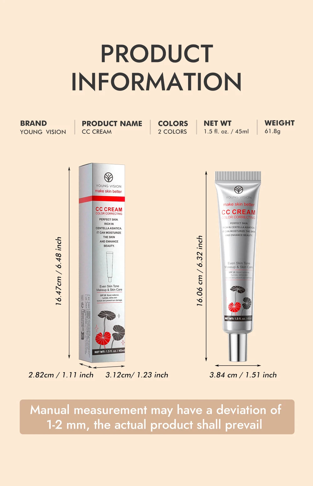 2-Color Brightening CC Cream with Puff – Even Skin Tone & Conceal Pores, Women’s Makeup Cosmetics