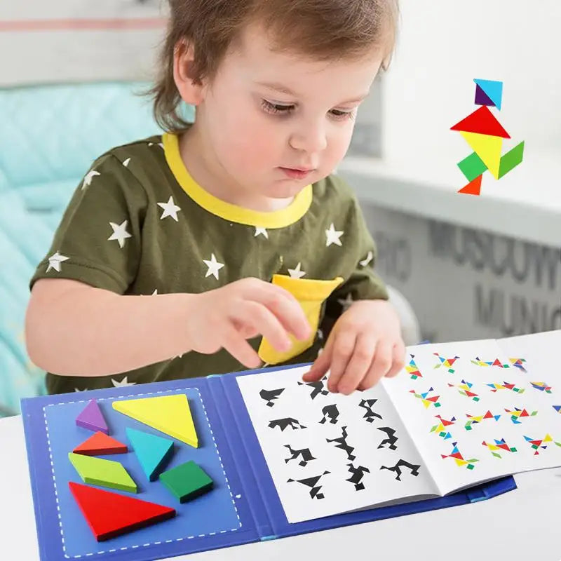 Magnetic Wooden Tangram Puzzle Book – Montessori Educational Toy for Kids