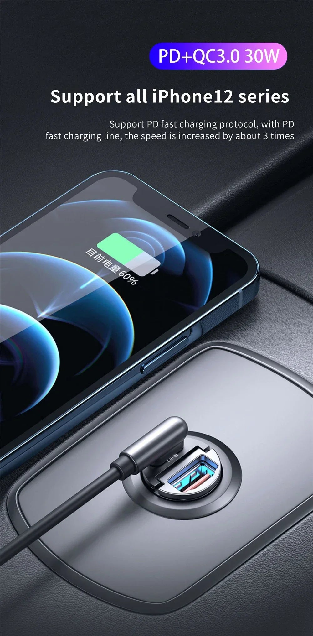 Mini 100W PD QC Fast Charging Car Charger – USB-C Pull Ring Adapter for iPhone, Samsung, Xiaomi & Huawei