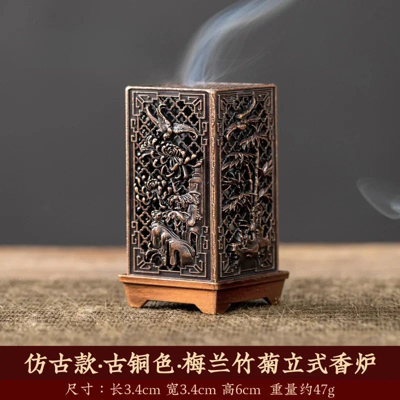 Square Xiangyun Alloy Incense Burner – Chinese Plum Vertical Aromatherapy Holder for Home Décor