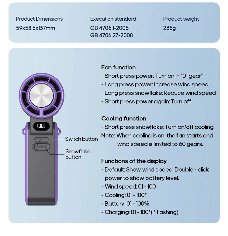 KINSCOTER Portable Air Cooling Turbo Fan 3600mAh 100 Wind Speeds Adjustable Outdoor Foldable Student Handheld Fan with Lanyard