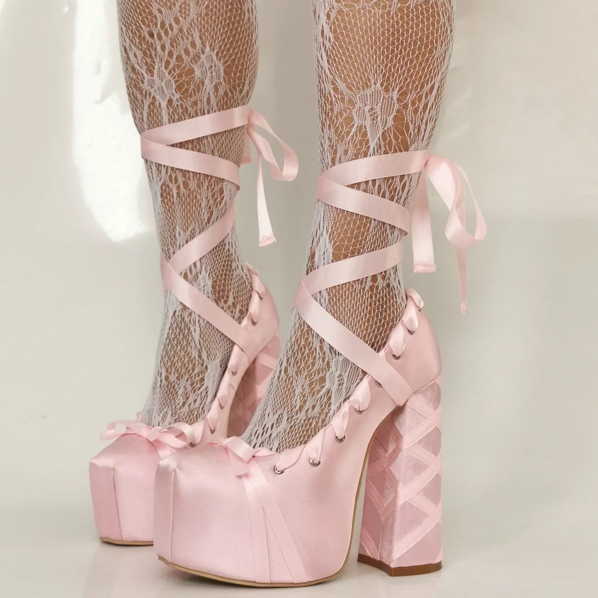 2025 Sweet Lolita Pink Bow Platform Sandals – Lace-Up Satin Strappy Heels for Women