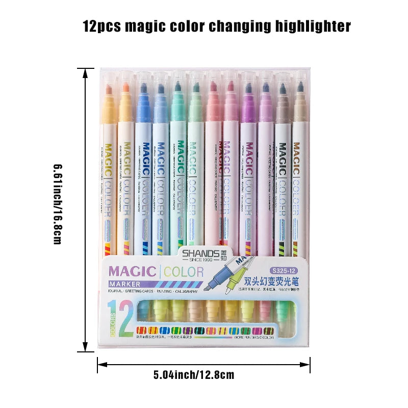 12pcs Magic Color-Changing Highlighter Pen Set – Double-Ended DIY Marker Pens for School, Office & Scrapbooking