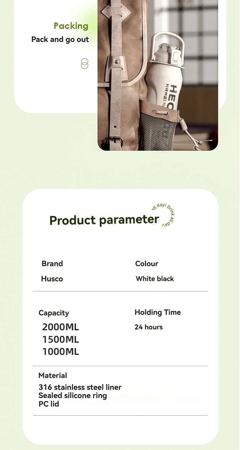 2L Thermal Water Bottle Vacuum Flasks Bottle Thermal Mug Tumbler with Straw large insulation Stainless Steel for travel Outdoor
