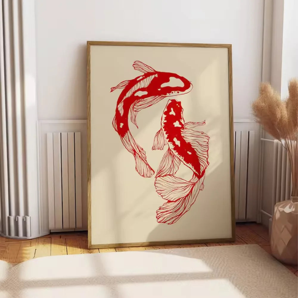 Vintage Red Koi Poster – Frameless Canvas Wall Art for Living Room & Office