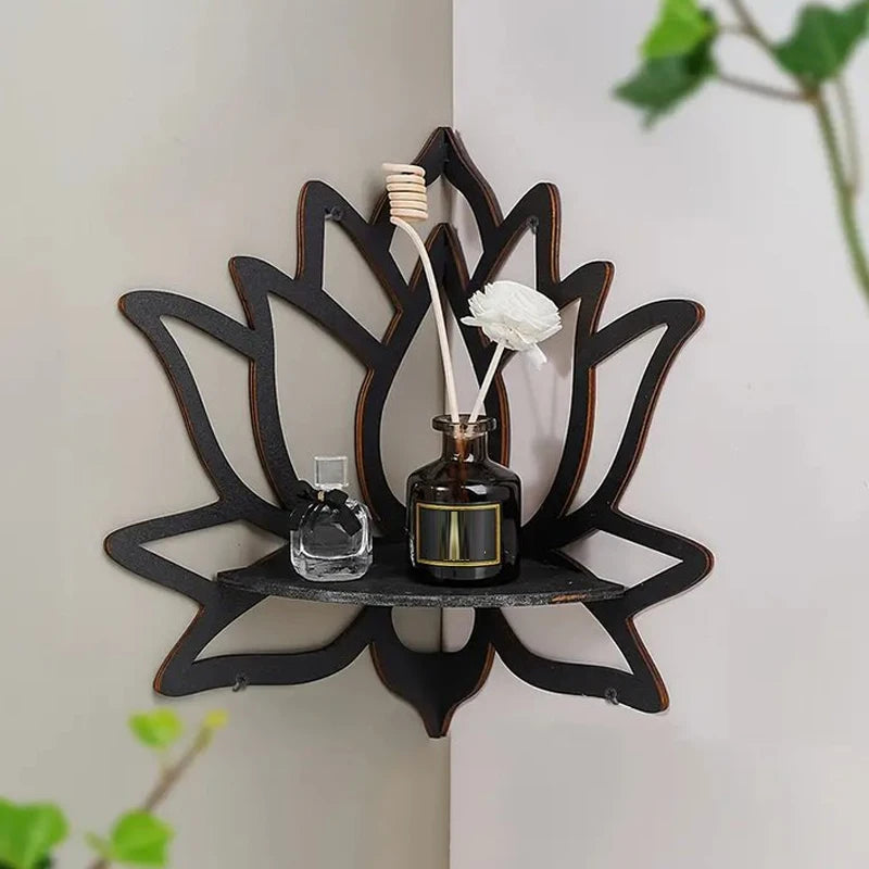 Wooden Lotus Hollow Shelf – Wall-Mounted Aromatherapy Organizer & Candle Holder