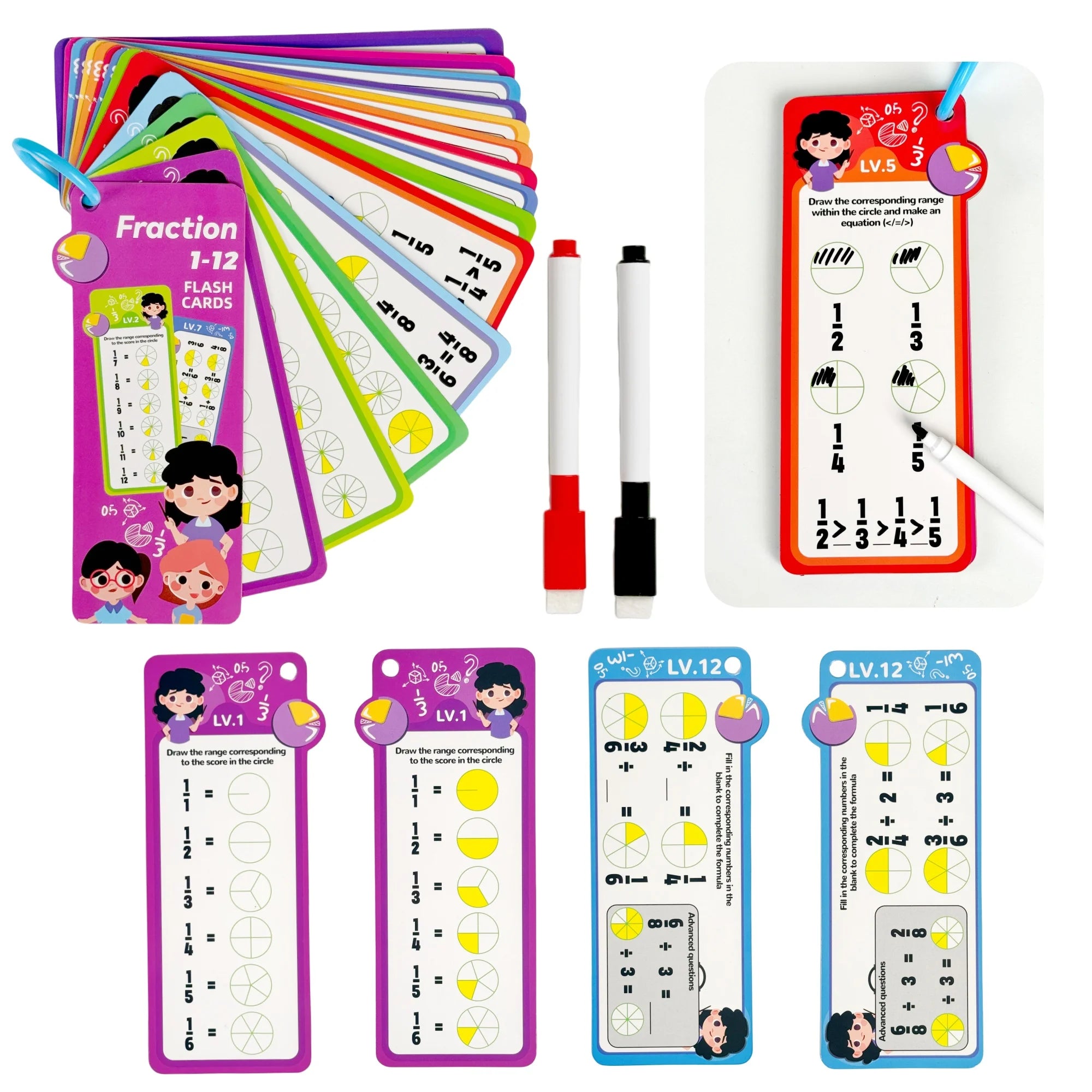 Digital Learning Math Flash Cards Set – 15 Reusable Cards with Erasable Pens for Kids Math Practice & Memory Training