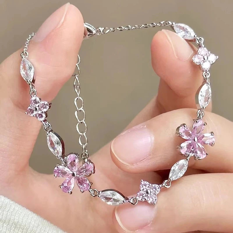 Y2K Pink Crystal Flower Bracelet – Elegant Zircon Blossom Jewelry for Women
