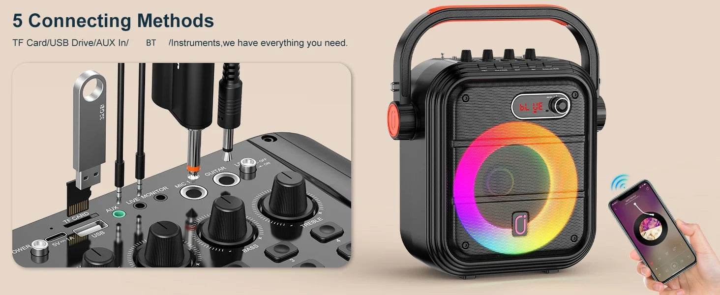 FanFun 66Pro Portable Bluetooth Karaoke Speaker with Mic & DJ Lights