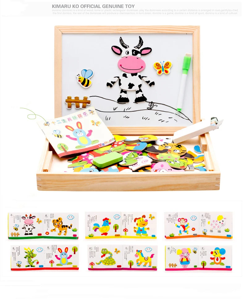 Wooden Multifunction Magnetic Drawing Board – Animal Puzzle Learning Toy for Kids