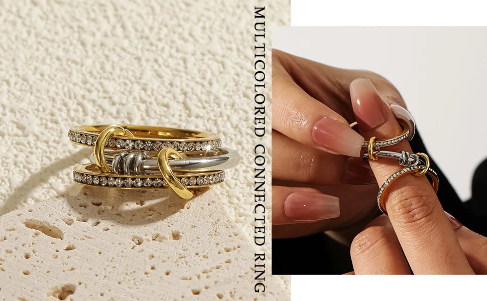 Stainless Steel Cubic Zirconia Stackable Ring – 18K Gold Plated Multi-Link Statement Jewelry for Women