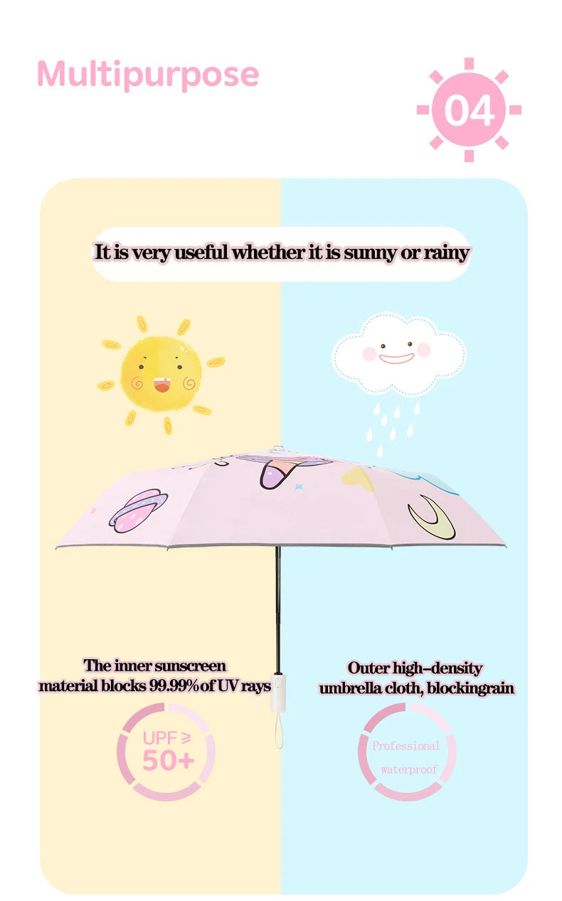 Pink Unicorn Princess Automatic Umbrella – Windproof Folding Reflective Umbrella