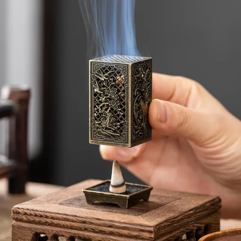 Square Xiangyun Alloy Incense Burner – Chinese Plum Vertical Aromatherapy Holder for Home Décor
