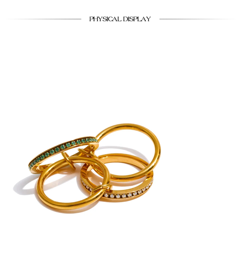 Yhpup Size 678 White Green Zirconia 4 Layered Stacked Ring 18K Golden PVD Plated Stainless Steel Popular Jewelry Accessories