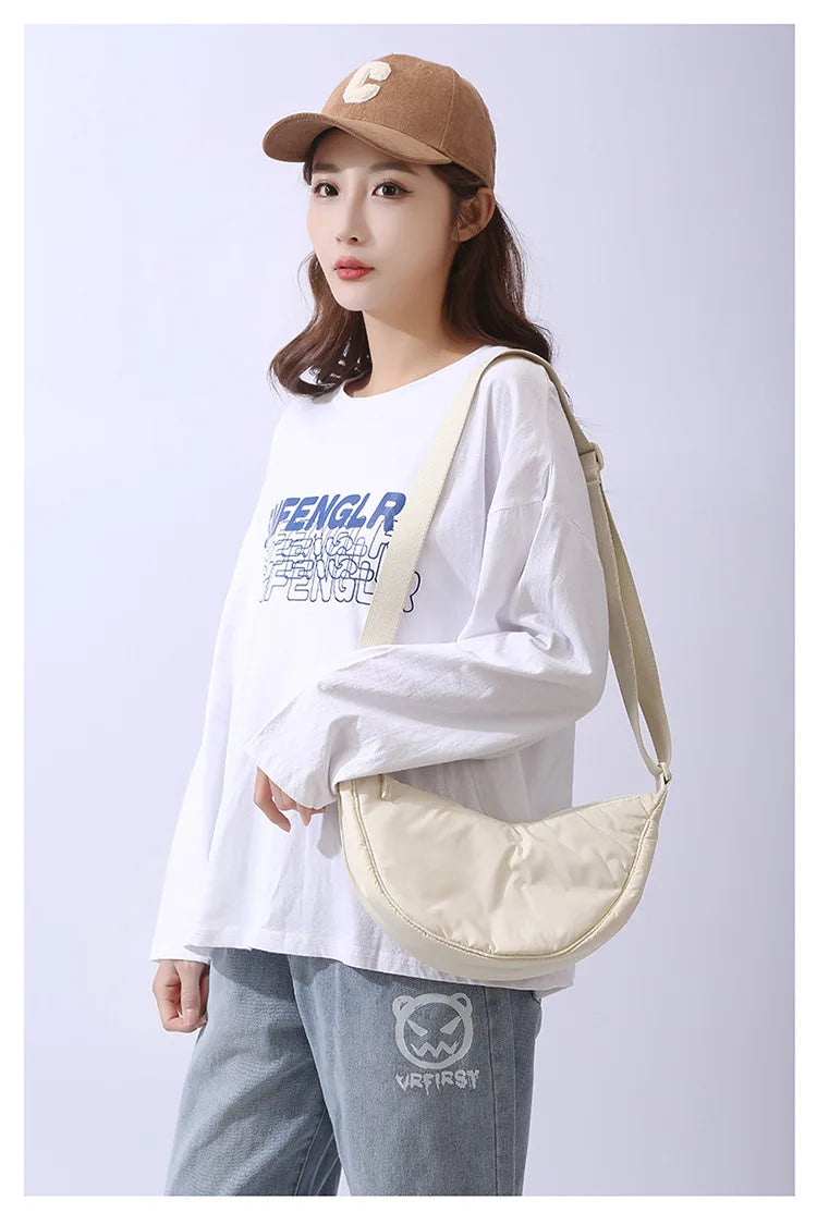 Solid Color Women’s Nylon Shoulder Bag – Portable Padded Crossbody Messenger Travel Handbag