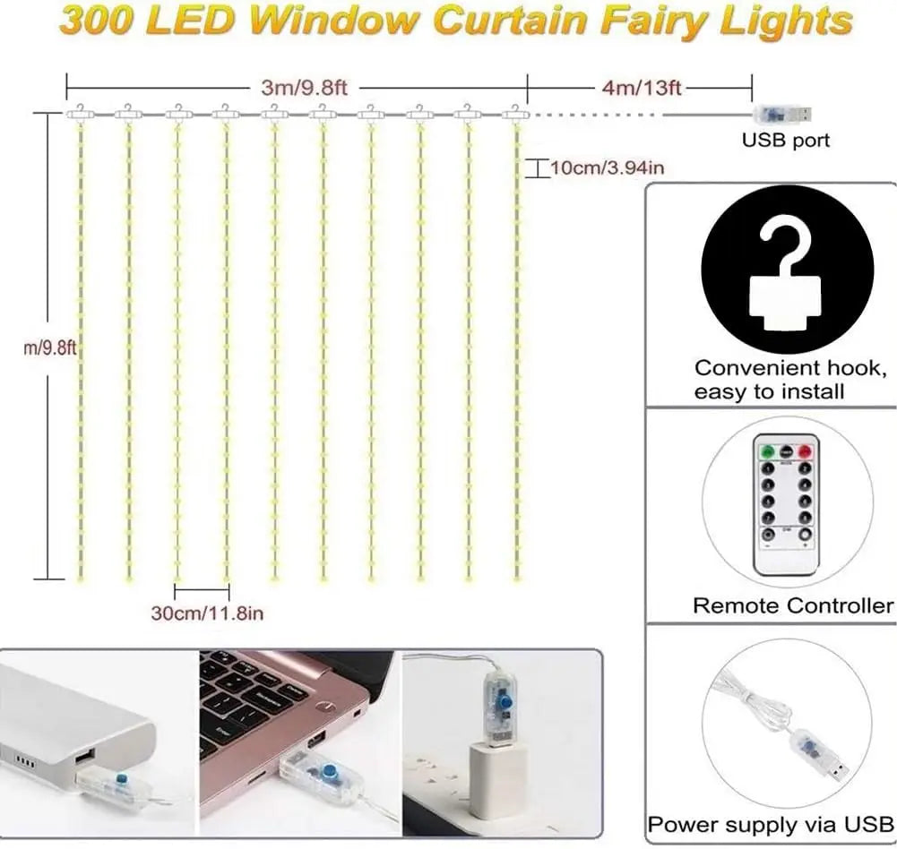 300LED Curtain Fairy Lights – 8 Modes Twinkle String Lights with Remote for Bedroom & Wedding Decor