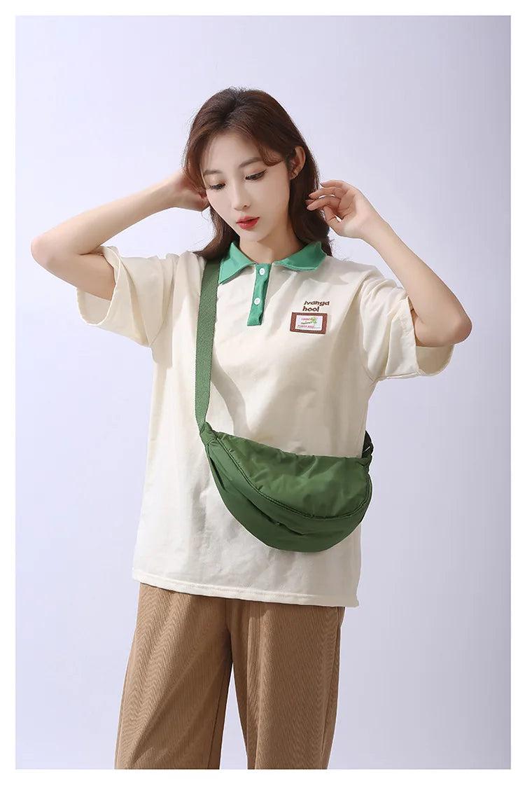 Solid Color Women’s Nylon Shoulder Bag – Portable Padded Crossbody Messenger Travel Handbag