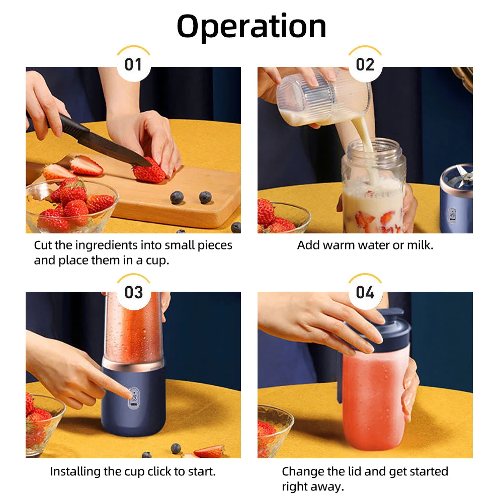 6-Blade Portable Electric Juicer Cup USB Rechargeable Personal Blender